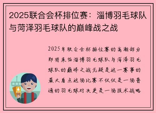 2025联合会杯排位赛：淄博羽毛球队与菏泽羽毛球队的巅峰战之战